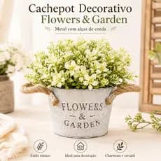 Cachepot Decorativo Metal Flowers Garden Com Alça de Corda Vaso Para Plantas Flores Decoração Rústica