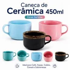 Caneca De Cerâmica Grande 450ml Jumbo Café Sopa Caldo Cereal Sobremesa Colorida Com Alça