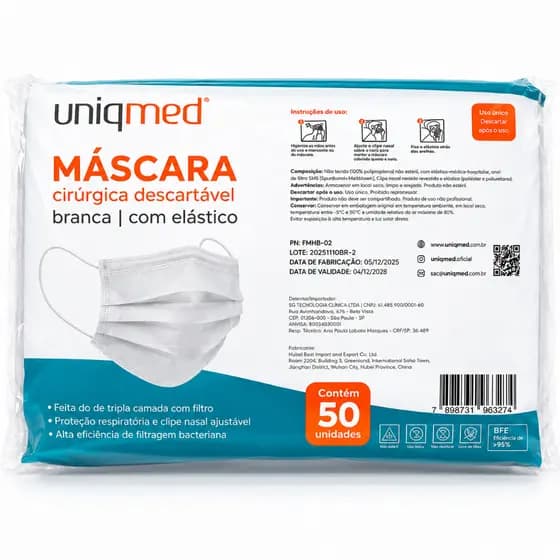 Máscara Descartável Branca Tripla Camada Uniqmed C/50 Registro Anvisa