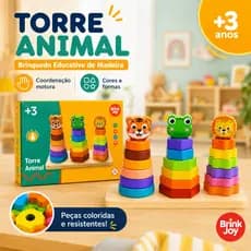 Torre Animal Brinquedo Educativo de Madeira Infantil +3 Anos Monta Encaixa Cores e Formas