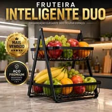 Fruteira Cesto Organizador 2 Andares Preto Metal Aramado Alça Madeira Cozinha Mesa