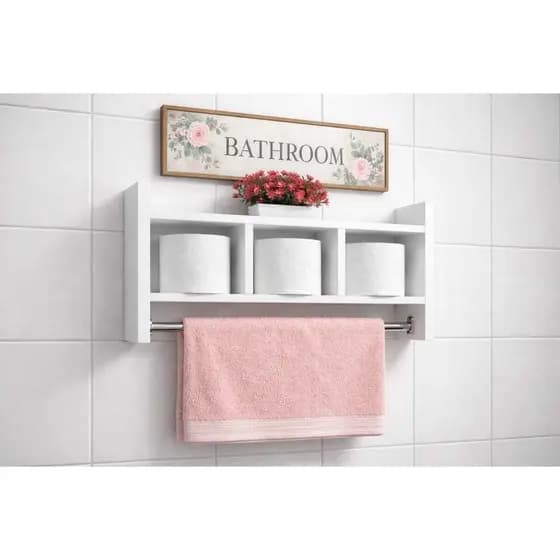 Nicho Banheiro MDF Branco Porta Papel Higiênico + Toalheiro  | Organizador de Parede Decorativo Luxo