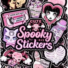 Pack com 12 Adesivos Góticos Rosa Pink com borda preta Stickers Spooky Personalizados Horror Dark Garrafa Kindle