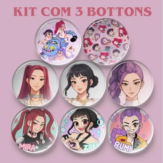 KIT 3 Bottons personalizados Guerreiras do K-Pop Broches pins para Mochilas Bolsas