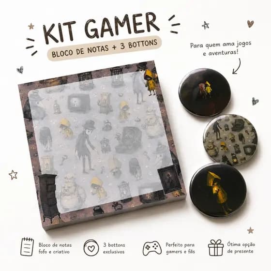 KIT Gamer Bloco de Notas + 3 Bottons Personalizado Criativo Hollow Knight Little Nightmares Anotaçoes