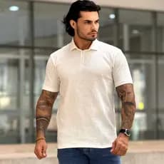 Camisa Polo Masculina Zíper Slim Fit Camiseta Texturizada Tricô Elegante Casual Confortável Moda Masculina Premium