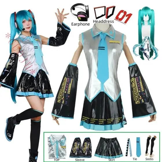 Anime Miku Cosplay Costume Wig Headwear Conjunto Completo de Acessórios de Festa de Halloween para Meninas Femininas