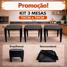 Kit 3 Mesas 70x70cm Pretas Multiuso Reforçadas Empilháveis e Desmontáveis