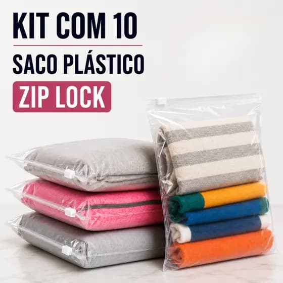 Saco Plástico Zip Lock Abre e Fecha Kit 10 Pasta Transparente G 50x45 Praticidade - Promoção !