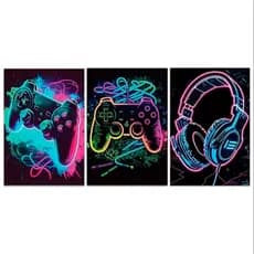 Quadro Decorativo 3 Peças Gamer Controle Playstation Fone e Games Jogo para Sala Quarto Hall