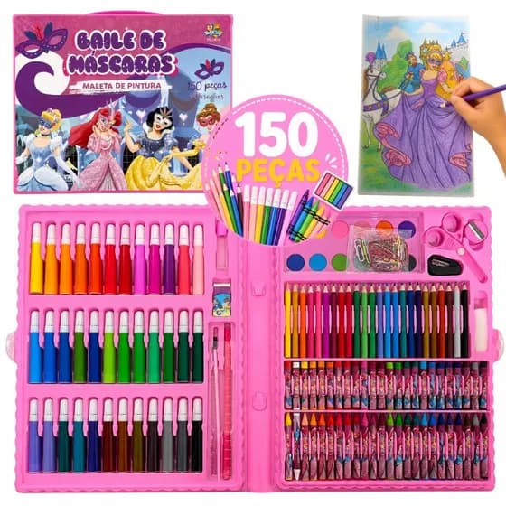 Kit Estojo Maleta De Pintura Menina Princesas Kit Completo 150 Peças Colorir
