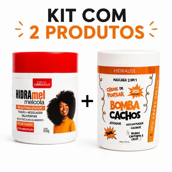 Kit Creme de Pentear Bomba Cachos + Gelatina Fixadora Hidra Mel Cola Finalizador Definição de Cachos