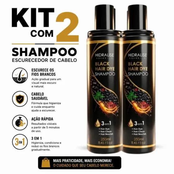 Kit 2 Shampoo Escurecedor Tintura de Cabelo Sem Química 3 em 1 Cor Instantânea 250ml Black Hair Dye