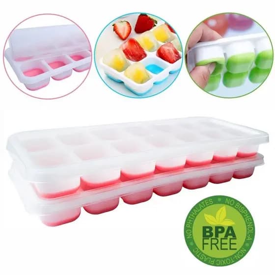 KIT 4 Formas de Gelo em Silicone com Tampa, 14 Cubos por Forma, Fundo Flexível, Livre de BPA