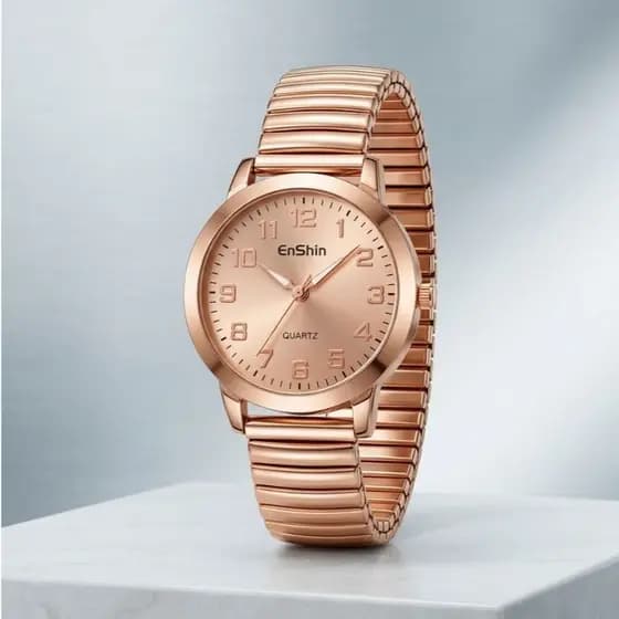 Relógio Feminino de pulso Quartz Pulseira Elástica analógico Redondo Dourado e Rose breto prata Moda Blogueira