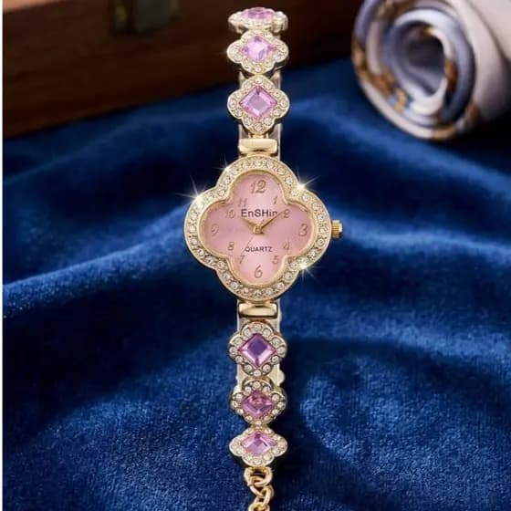 Moda Sereia Folha Diamantes Pulseira Relógio De Quartzo Para Mulheres Meninas Rosa