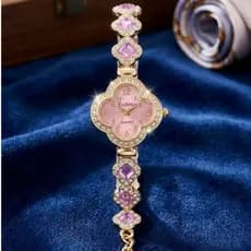 Moda Sereia Folha Diamantes Pulseira Relógio De Quartzo Para Mulheres Meninas Rosa