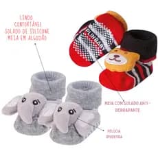 2 PARES MEIA COM SOLADO ANTI DERRAPANTE CANO MÉDIO COM PELÚCIA URSO E ELEFANTE MENINO PREMIUM  ALGODÃO