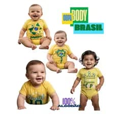3 BODYs BEBE BRASIL AMARELO ESTAMPADO COPA DO MUNDO 100% ALGODÃO PREMIUM RN AO G