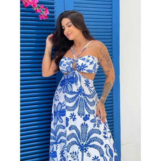 VESTIDO CAMILA  - vestido feminino longo estampa arara tendencia estampado arara azul  floral