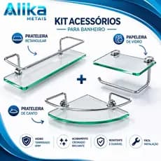 Kit 3 Acessórios para Banheiro em Vidro – Porta Shampoo Reto + Porta Shampoo Canto + Papeleira Porta Celular Luxo