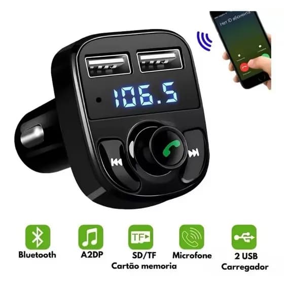 Adaptador Bluetooth Carro Transmissor FM Carregador Veicular Sem Fio Compatível com Android e IOS - x8