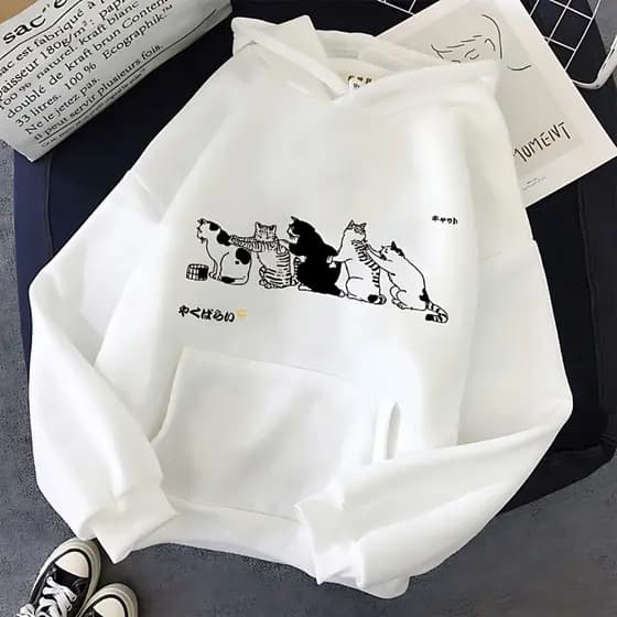 Moletom De Casal Fofo Estampa De Gato Simples E Versátil Japonês Largo Casual Unissex