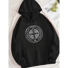 Moletom unissex Canguru Linha Premium Medalha de São Bento Blusa Feminina Com bolso e capuz Estampa Moda Cristã