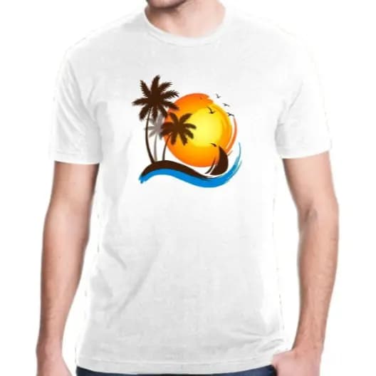 Camiseta Masculino Com Estampa Paisagem Sol Praia Coqueiro Tecido Premium 100% Algodão
