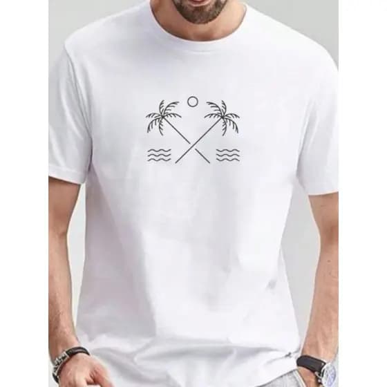 Camiseta Masculina Estampa Coqueiro, Praia Tecido Premium 100% Algodão