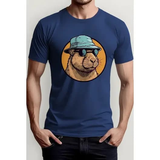 Camiseta Masculina Com Estampa  Capivara De Boné Óculos Tecido Premium 100% Algodão