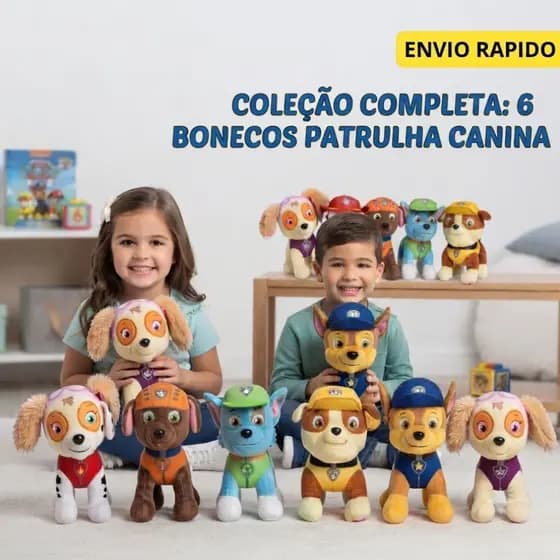 Patrulha Canina Pelúcia Kit 6 Bonecos 20 Cm Infantil Presente Skye Chase Marshall Zuma