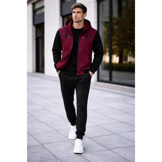 Blusa + Calça de Moletom Conjunto  Casaco Aberto de Ziper e Capuz