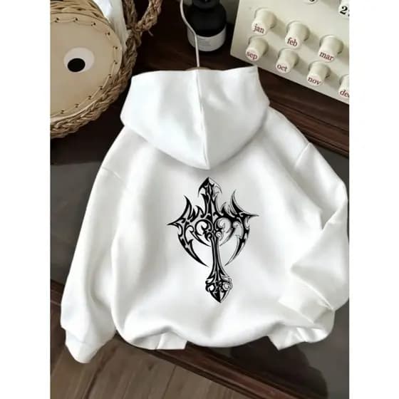 Moletom Casual Unisex com Estampa Gráfica - Preto e Design de Desenho Animado Branco, Capuz com Cordão, Conforto para To