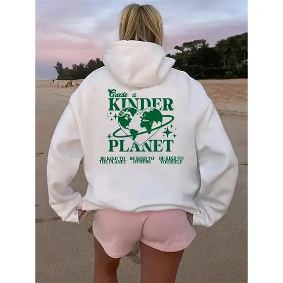 Moletom Unisex "Create A Kinder Planet" com Estampa de Letras -Casual com Capuz e Cordão, Ajuste Relaxado para Primavera