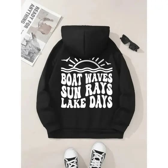 Moletom com capuz estampado gráfico ``Boat Waves Sun Rays Lake Days´´ e cordão, blusa de moletom casual Unisex no invern