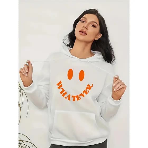 Moletom com capuz estampado gráfico ``Whatever´´ e cordão, blusa de moletom casual Unisex no inverno e outono