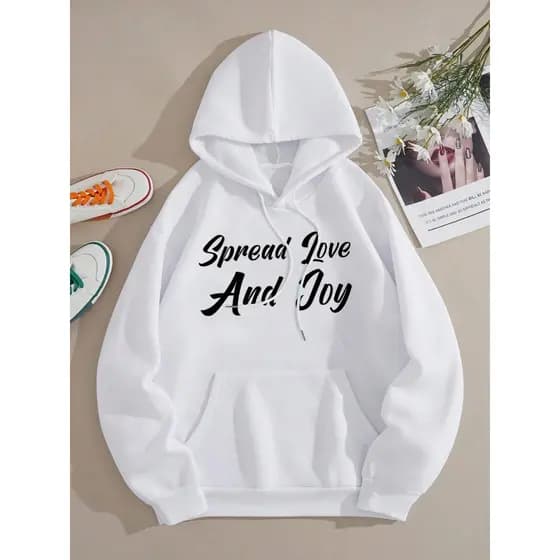 Moletom Com Capuz Unisex, Impressão de Letra "Espalhe Amor e Alegria", Pullover de Malha Elástica, Pullover Casual para