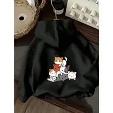 Moletom Casual Unisex com Capuz e Estampa de Gato Cartoon Divertido, Cordão Ajustável no Capuz, Tecido Macio e Quente, L