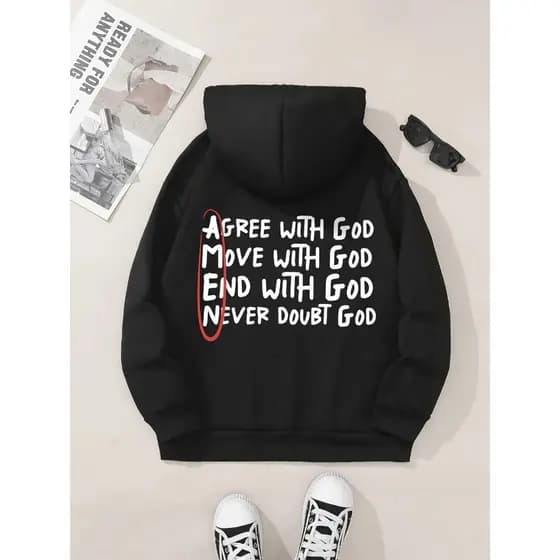 Moletom com capuz estampado gráfico ``Amen/With God´´ e cordão, blusa de moletom casual Unisex no inverno e outono