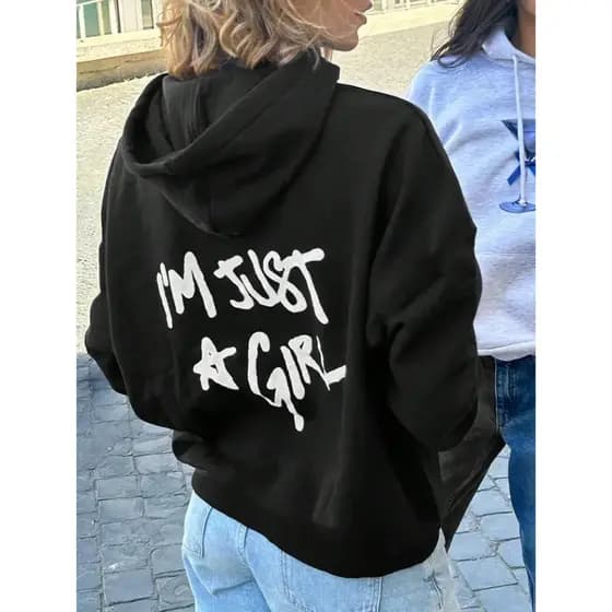 Moletom Feminino Fashion, Estampa "I'm Just a Girl", Blusa Casual, Poliéster, Outono/Inverno, Com Capuz, Preto/Branco