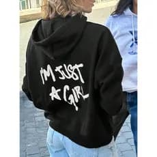 Moletom Feminino Fashion, Estampa "I'm Just a Girl", Blusa Casual, Poliéster, Outono/Inverno, Com Capuz, Preto/Branco