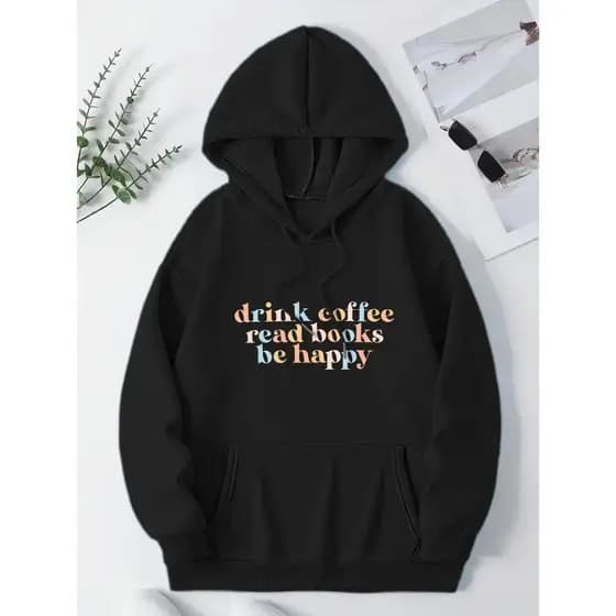 Moletom Unisex Casual de Poliéster com Impressão de Letra "Beba Café, Leia Livros, Seja Feliz" - Suéter de Malha de Outo