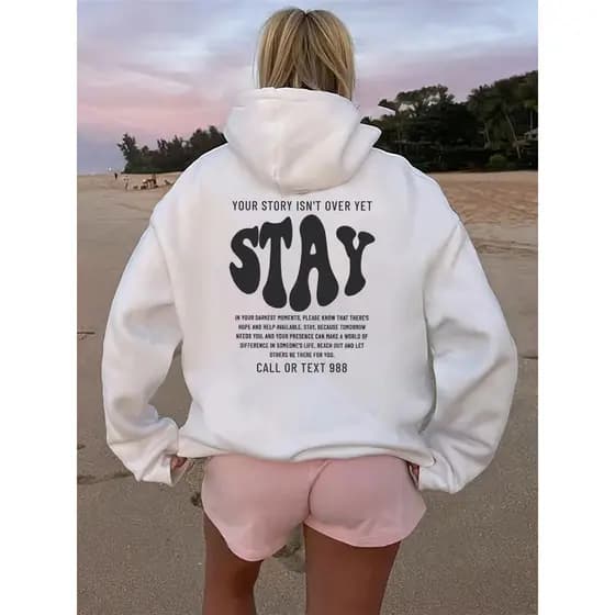 Moletom com capuz estampado gráfico ``Stay´´ e cordão, blusa de moletom casual Unisex no inverno e outono