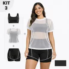 Kit 3 Peças Conjunto Fitness Feminino + Blusa Tule Academia Treino Zero Transparência Short Cintura Alta Suplex