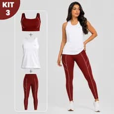 Kit Fitness Feminino 3 Peças Top + Regata Dry Fit + Calça Legging Cintura Alta Academia