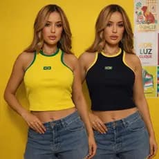 Kit 2 Regata Cropped Feminina Brasil Canelada Gola Alta com Bandeira Costas Nadador Blusa Seleção Copa
