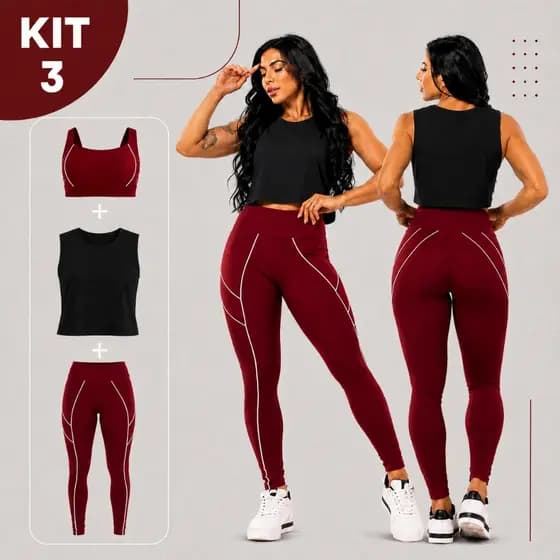 Kit 3 Peças Fitness Feminino Top + Cropped + Legging Cintura Alta Suplex Academia Premium
