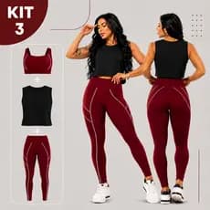 Kit 3 Peças Fitness Feminino Top + Cropped + Legging Cintura Alta Suplex Academia Premium