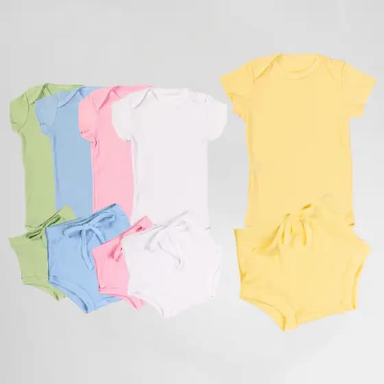 Kit Bebê Lilobu 3 Conjuntos Body e Short Tapa Fralda Conjuntos Canelados 100% Algodão 01k3
